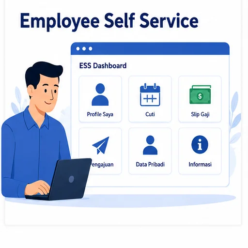 Tampilan aplikasi Employee Self Service ESS pada smartphone untuk absensi dan pengajuan cuti