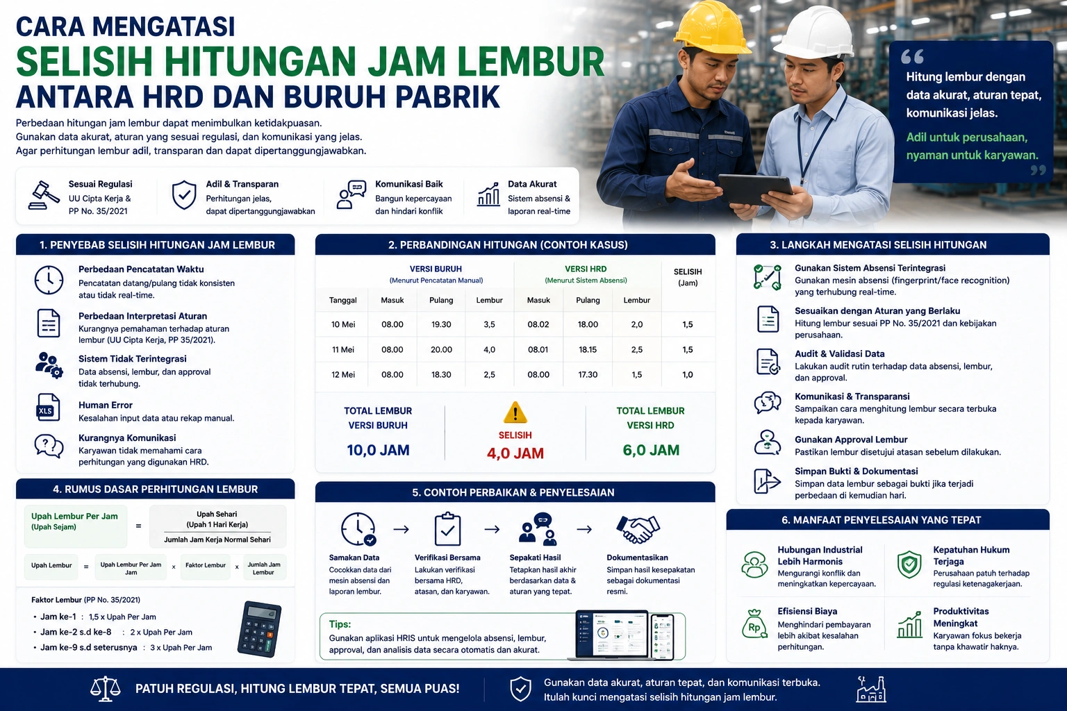 Cara Mengatasi Selisih Hitungan Jam Lembur Antara HRD dan Buruh Pabrik dengan Sistem Absensi dan Payroll Digital