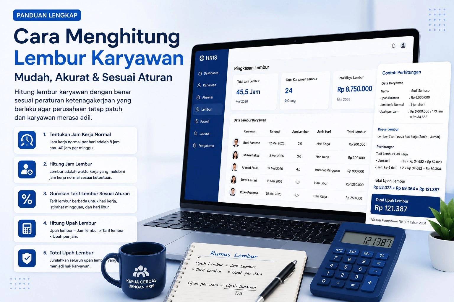 Cara menghitung lembur karyawan sesuai peraturan ketenagakerjaan Indonesia menggunakan software HRIS payroll untuk perhitungan upah lembur otomatis