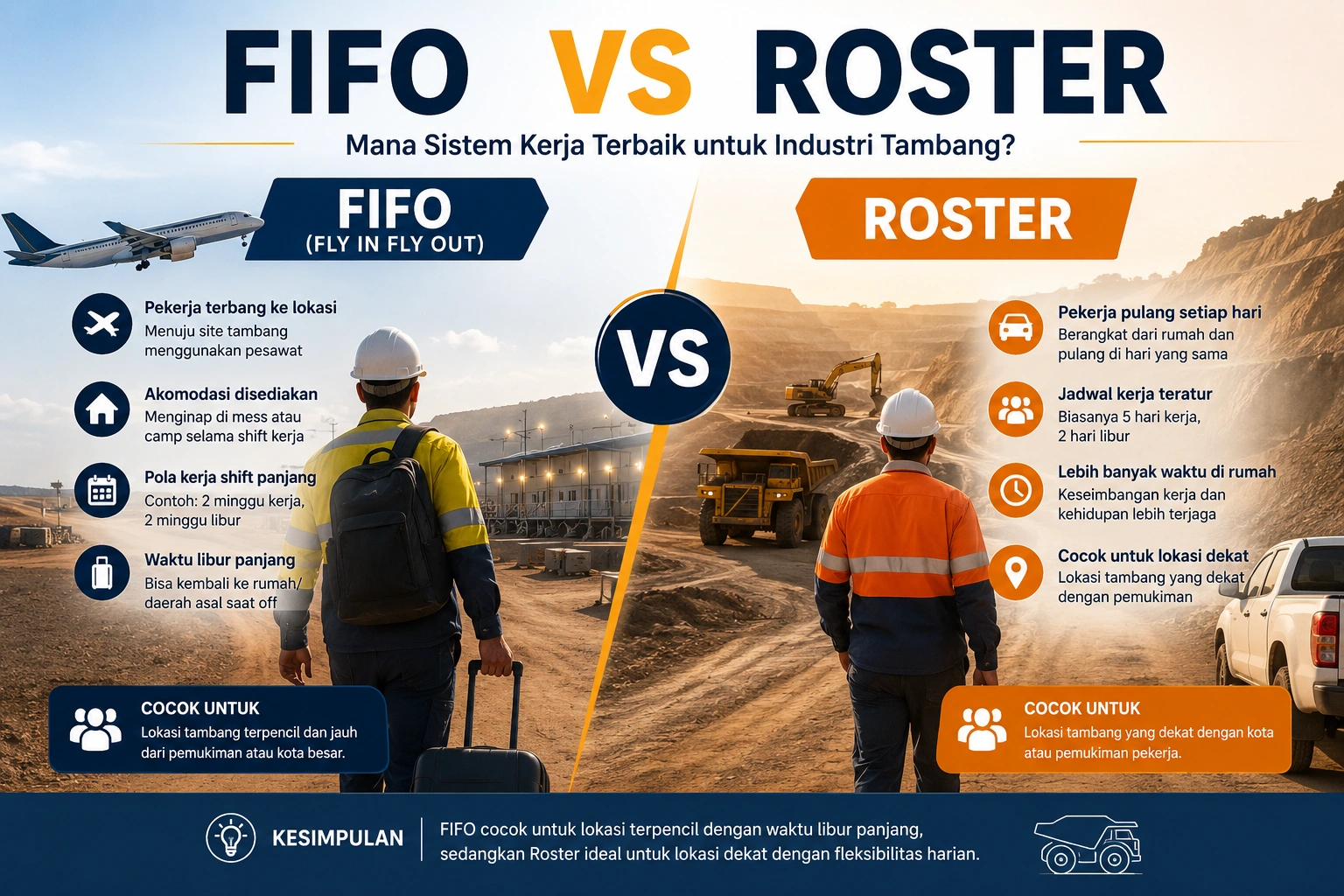 Ilustrasi perbandingan sistem kerja FIFO (Fly In Fly Out) dan roster tambang beserta jadwal kerja, rotasi, serta karakteristik masing-masing sistem di industri pertambangan.