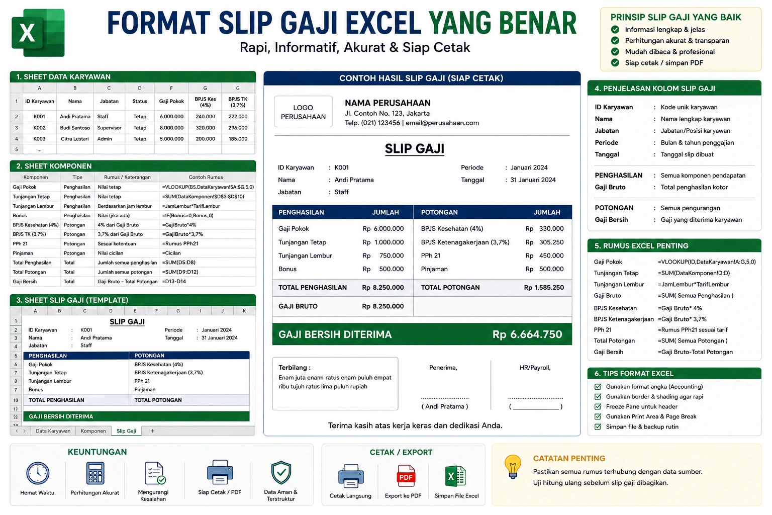 Format slip gaji Excel yang benar dengan komponen gaji, tunjangan, potongan, BPJS, PPh 21, dan gaji bersih sesuai standar payroll.