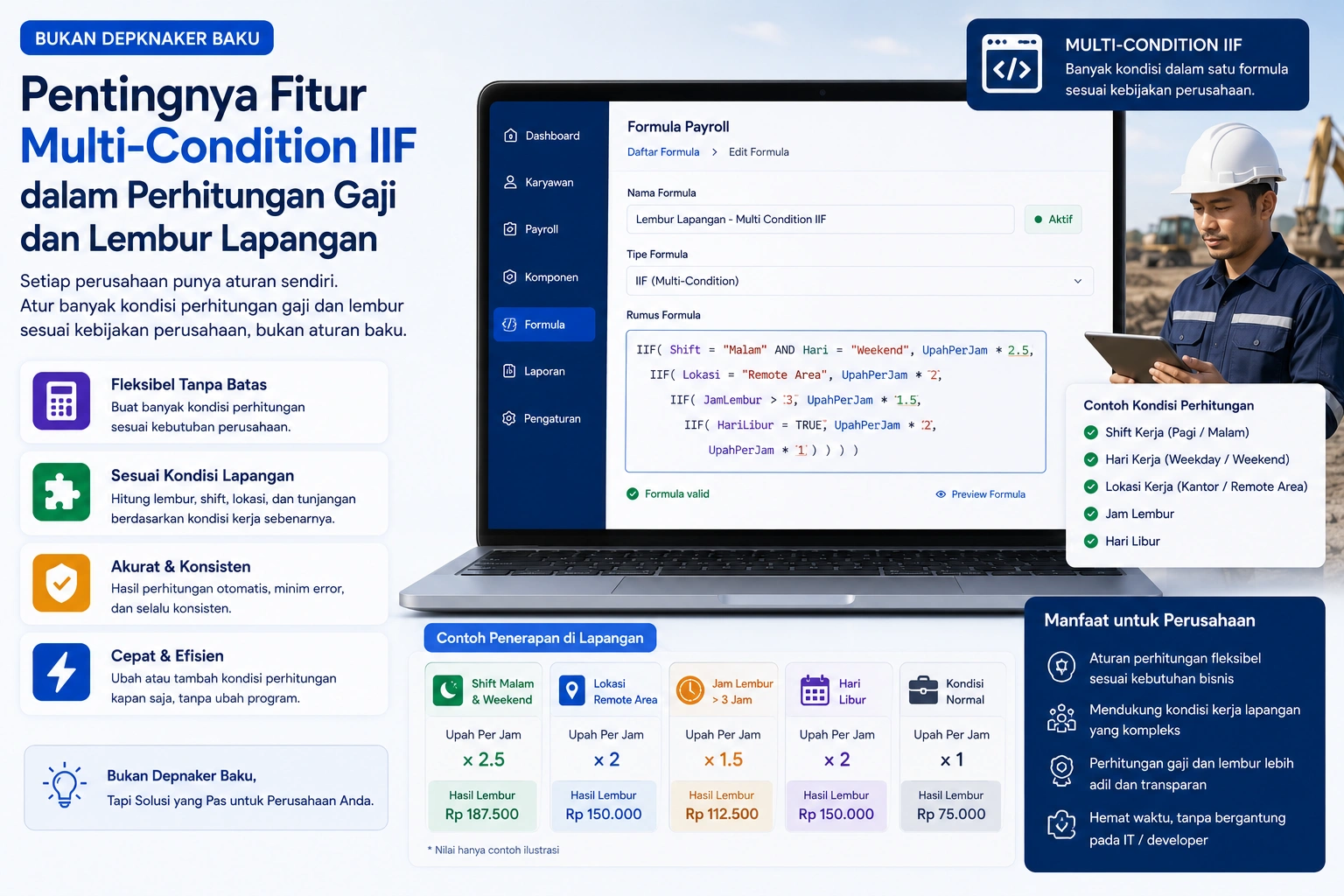 Fitur Multi Condition IIF pada software HRIS payroll untuk menghitung gaji, lembur lapangan, tunjangan, dan potongan karyawan secara otomatis