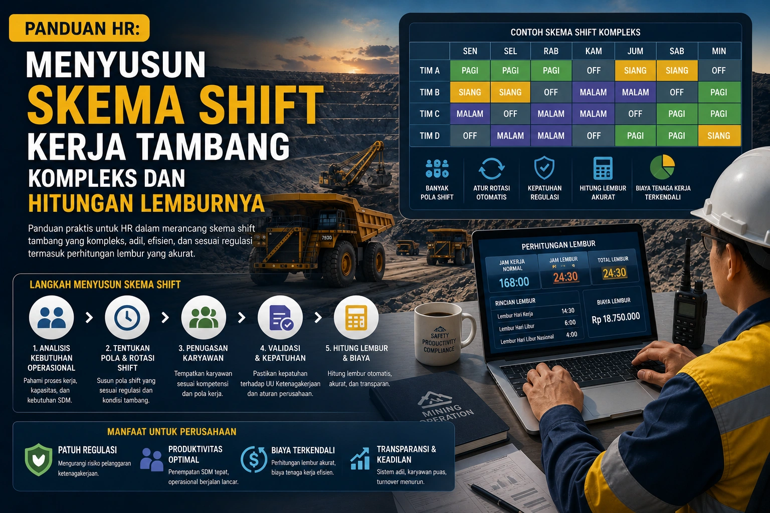 Panduan HR menyusun skema shift kerja tambang kompleks dan hitungan lembur karyawan tambang sesuai regulasi ketenagakerjaan