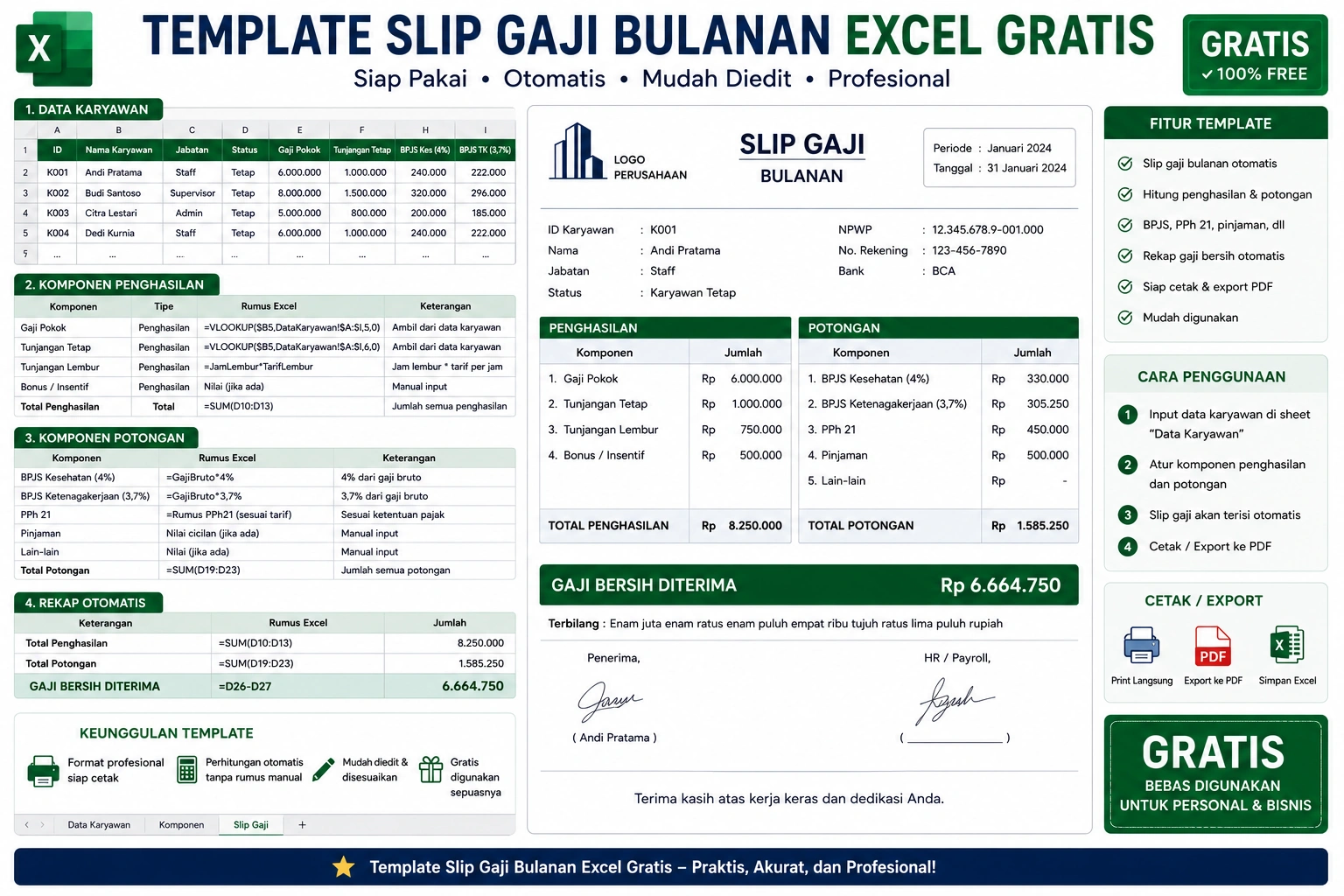 Template slip gaji bulanan Excel gratis dengan perhitungan otomatis gaji, tunjangan, BPJS, PPh 21, potongan, dan gaji bersih siap digunakan