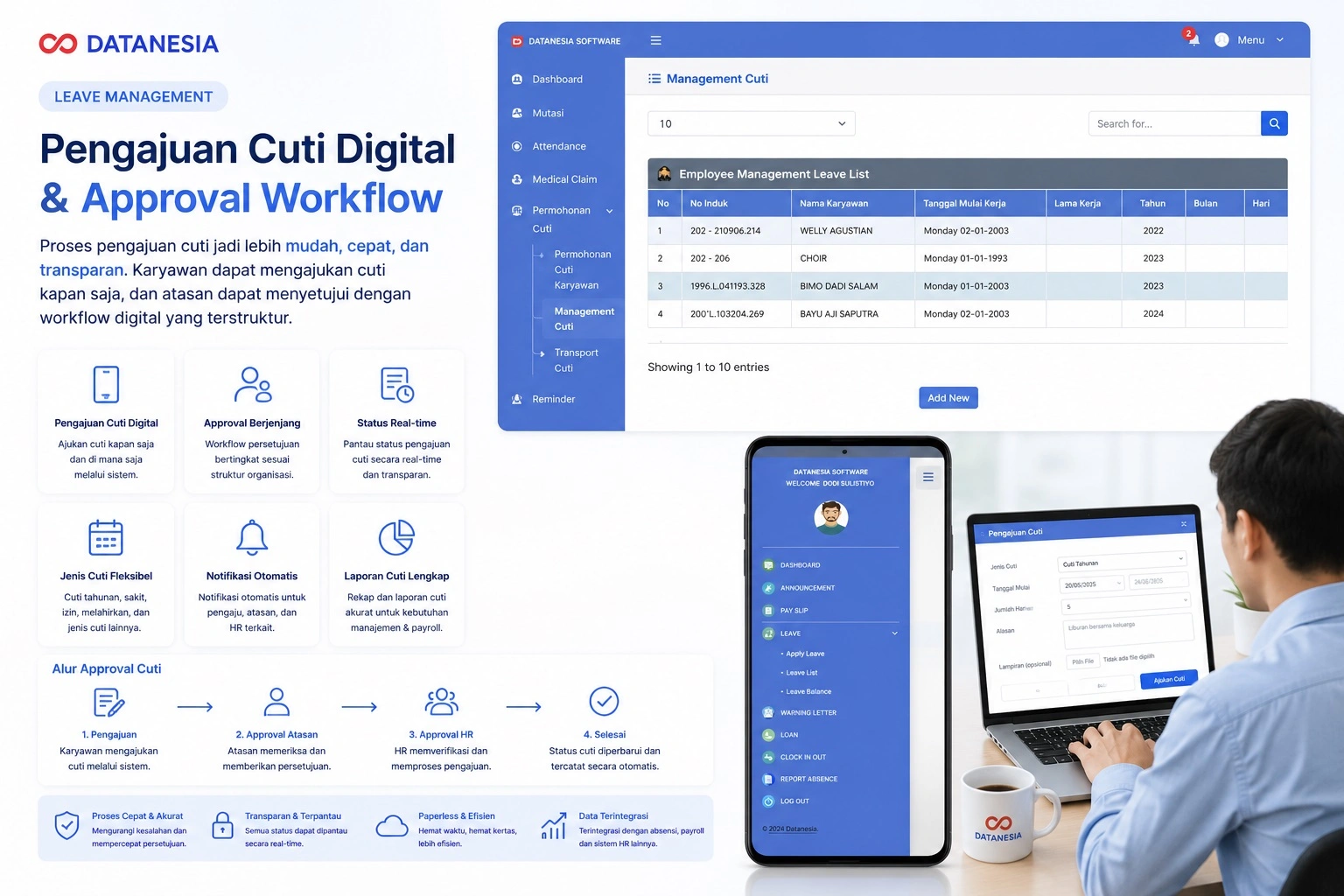 Pengajuan cuti digital dan approval workflow HRIS Datanesia untuk mengelola cuti karyawan, persetujuan atasan, notifikasi otomatis, dan monitoring status cuti secara realtime.