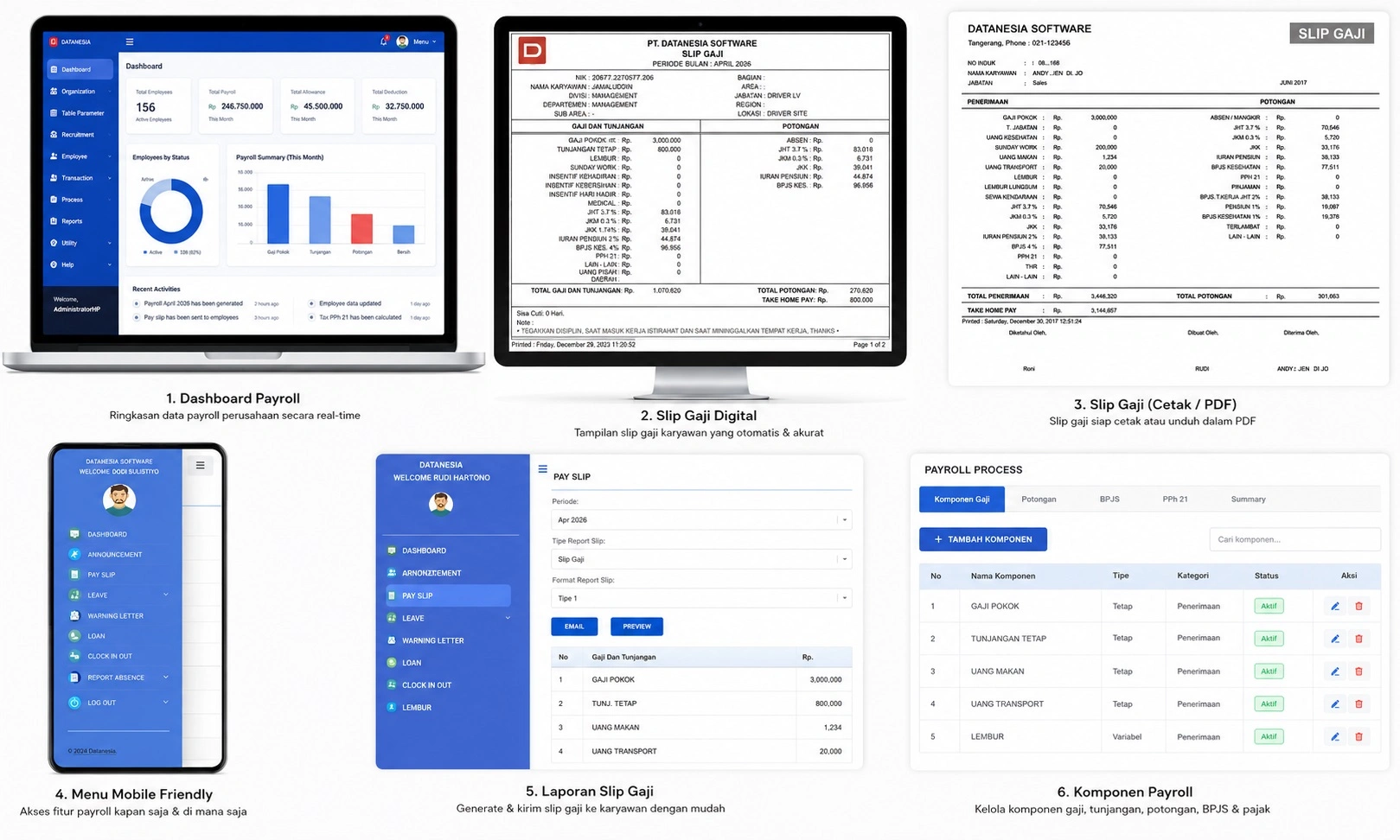 Slip gaji online karyawan pada software HRIS Payroll Datanesia dengan perhitungan gaji otomatis dan akses digital