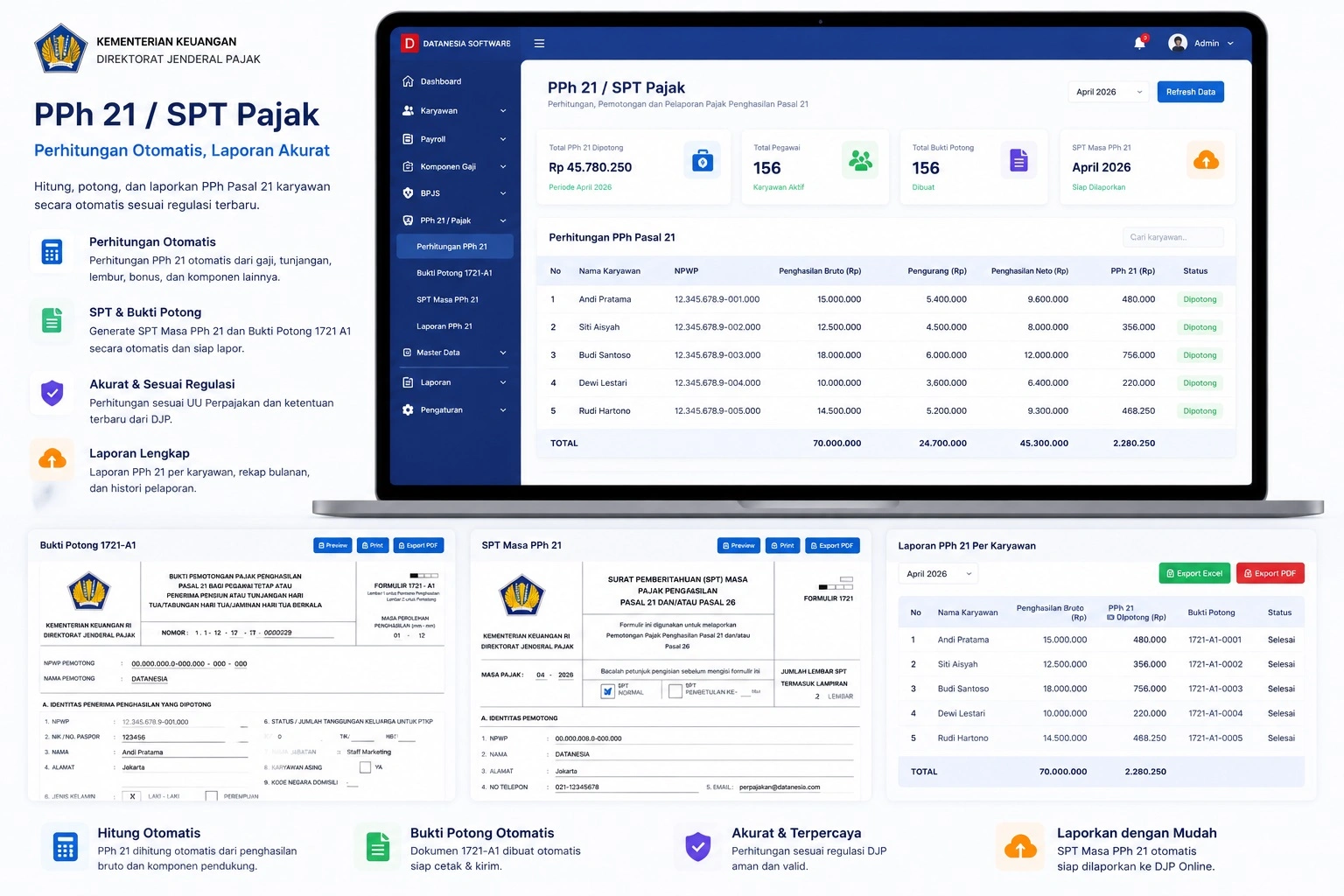 Software PPh 21 dan SPT Pajak Online untuk perhitungan pajak karyawan dan bukti potong 1721-A1